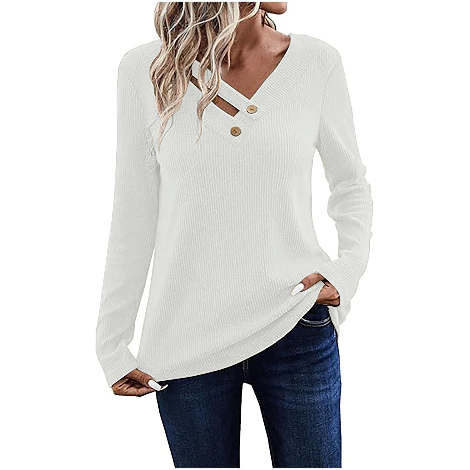 Womens V-Neck Ribbed Sweater Cutout Buttons V-Neck Long-Sleeve Loose-Fit Knit Tunic Tops