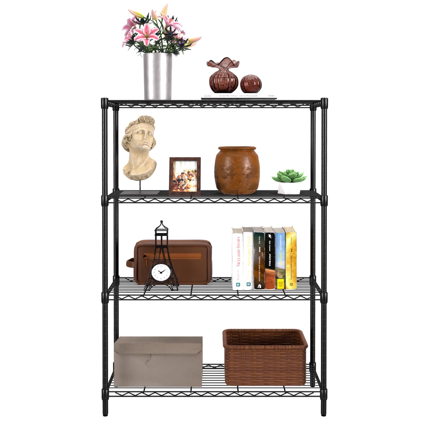 Furniture of America Upland 4 Tier Metal Shelving Units & Storage NSF Certified,Heavy Duty Height Adjustable Wire Shelf Rack for Kitchen, Office, Garage, Basement, Laundry Room, Black