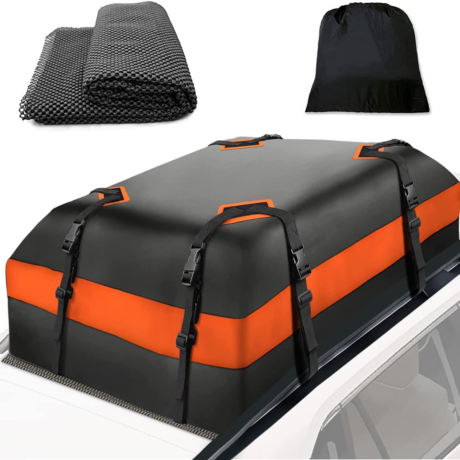 15 Cubic Feet Car Rooftop Cargo Carrier Bag, Soft Roof Top Luggage Bag for All Vechicles SUV with/Without Rack - Waterproof Zip, Anti-Tear 500D PVC, with Storage Bag & Anti-Slip Mat