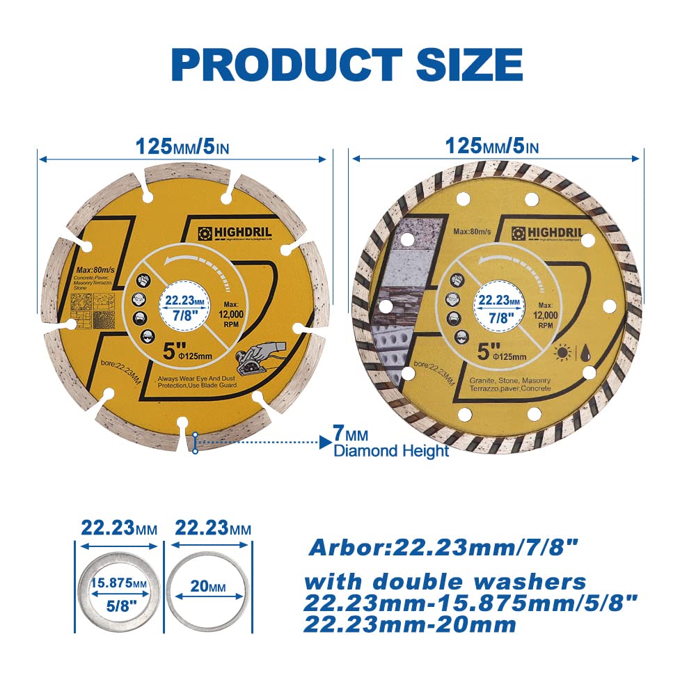 HIGHDRIL Hojas de sierra de diamante - Disco de corte de diamante de 125MM / 5 pulgadas para azulejos, cerámica, hormigón, mármol, piedra, granito, terrazo, mampostería 6 piezas