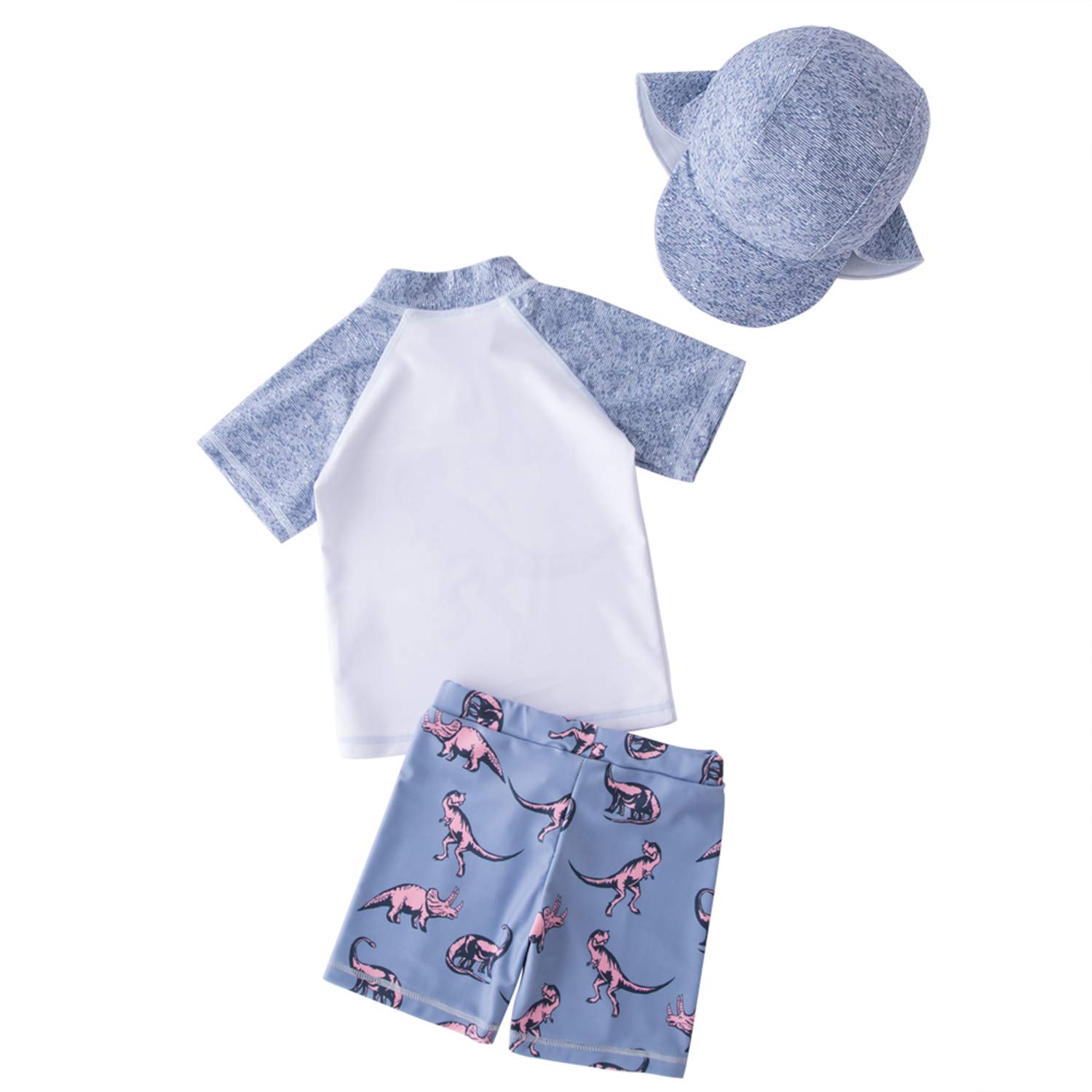stylesilove Kid Boys Cute Dinosaur Rash Guard with Swim Hat 3pcs Blue Swimsuit Pool Party Swimwear Beach Bathing Suit (12-18 Months)