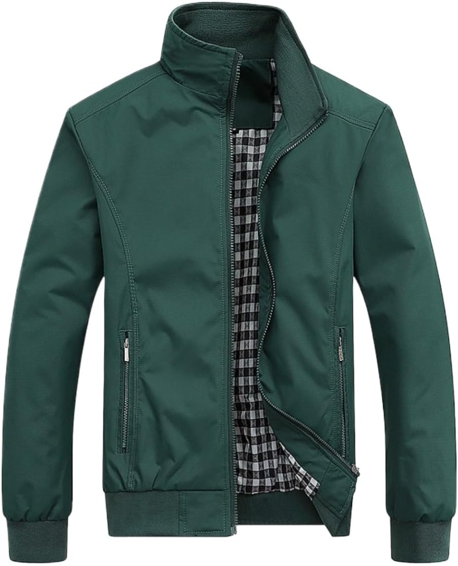 Jaqueta Masculina Casual com Gola Alta, Forro Xadrez, Casacos Zíper Frontal 26525