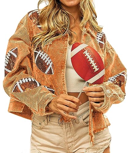utcoco Women's Vintage Cropped Corduroy Jacket Frayed Hem Rugby Sequin Shacket Jacket