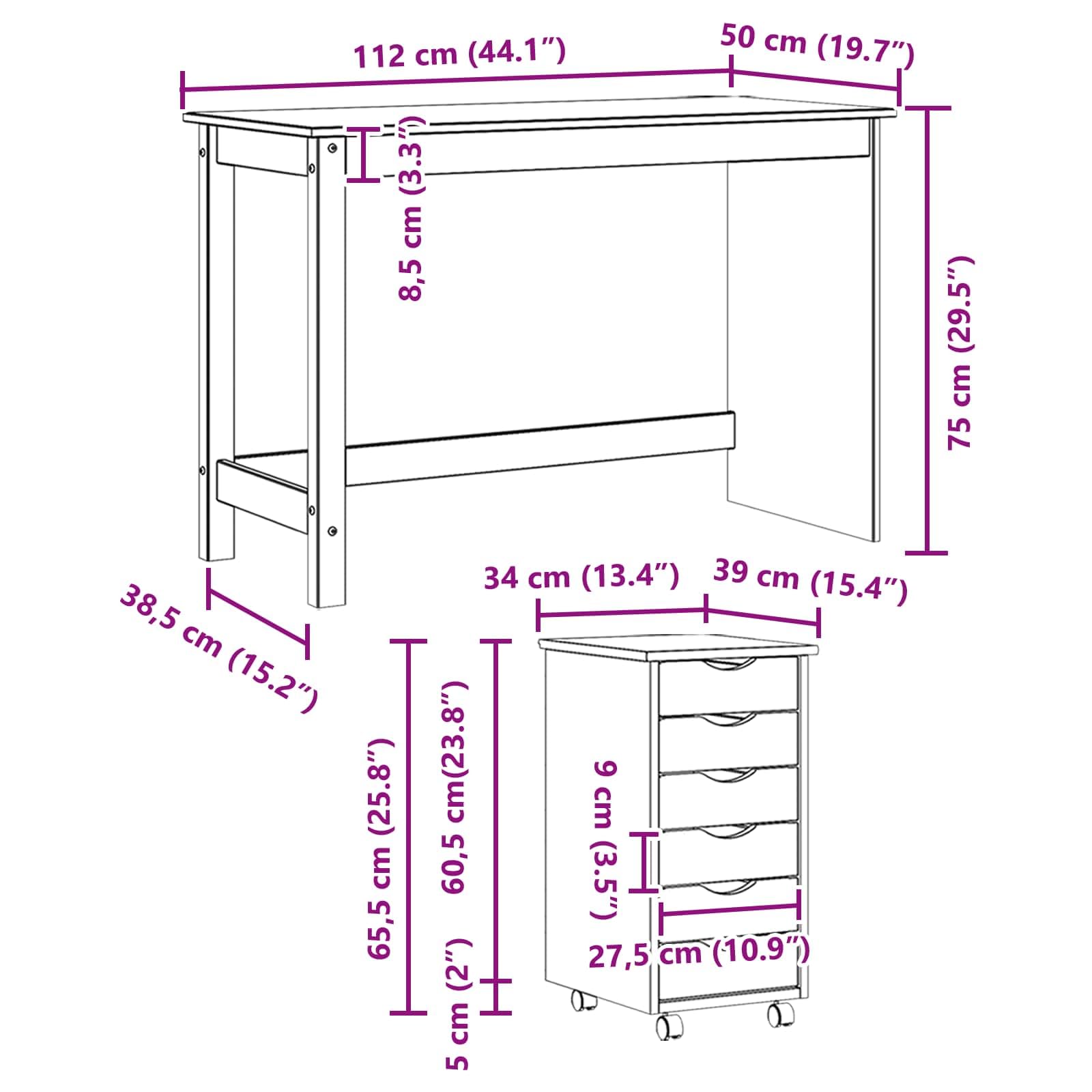 Moss Desk und Rollcontainer Set aus Massivholz Kiefer honigbraun, 2-teilig, 6 Schubladen, 4 Rollen, für Homeoffice, Arbeitszimmer, Stauraum für Dokumente und Zubehör