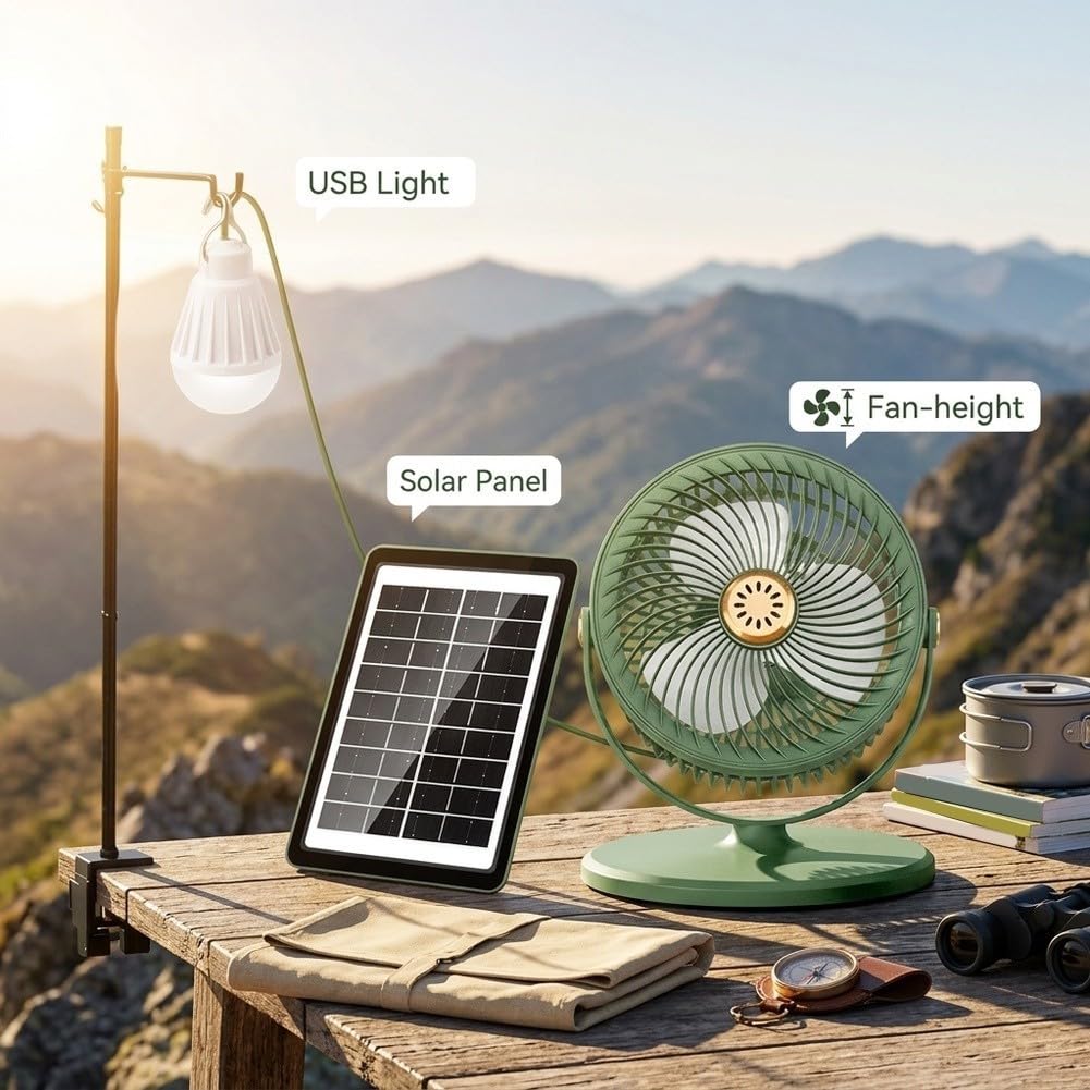 Leiser solarbetriebener Bodenventilator mit Höhenverstellung und integriertem LED-Licht für Camping, Zelt, Terrasse, Schlafzimmer und Büro, Luftzirkulation (grün)