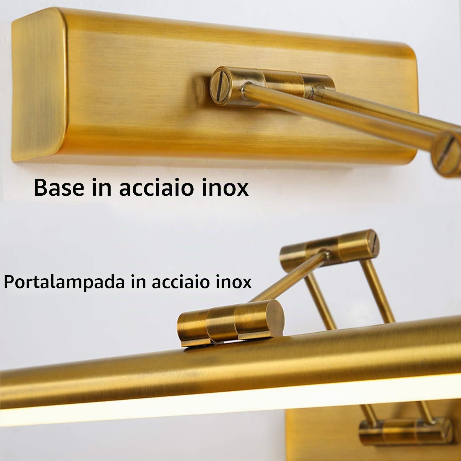 Lampada da Specchio Bagno Vintage, Luce da Specchio Retro Ottone con Braccio Regolabile e Base in Acciaio Inox, Lampada Bagno Parete LED Lampada Armadio Luce Calda 3000K per Toilette,50cm/8w