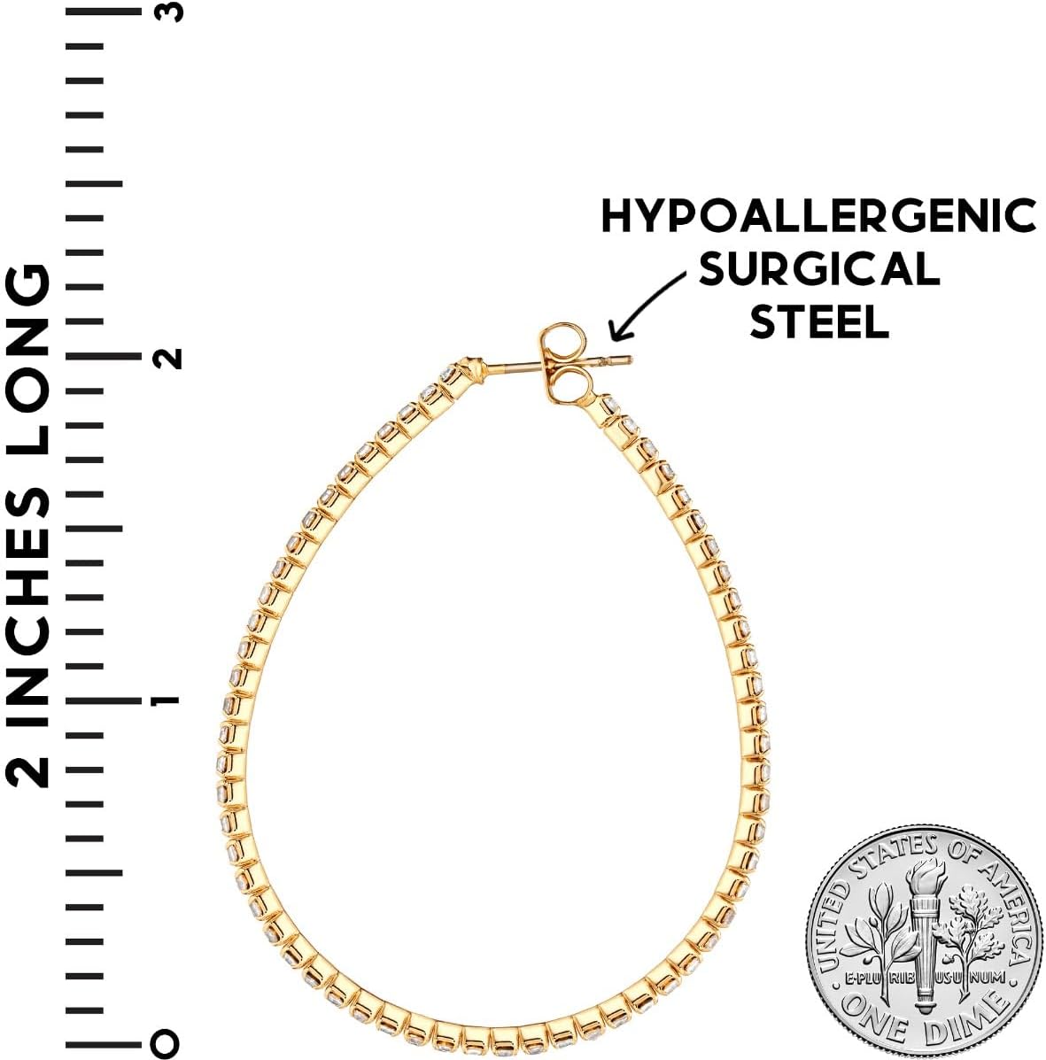 Simulated Diamond Teardrop Hoop Earrings for Women - Gold or Silver Rhinestone Hoops, Hypoallergenic and Safe for Sensitive Ears - Image 4