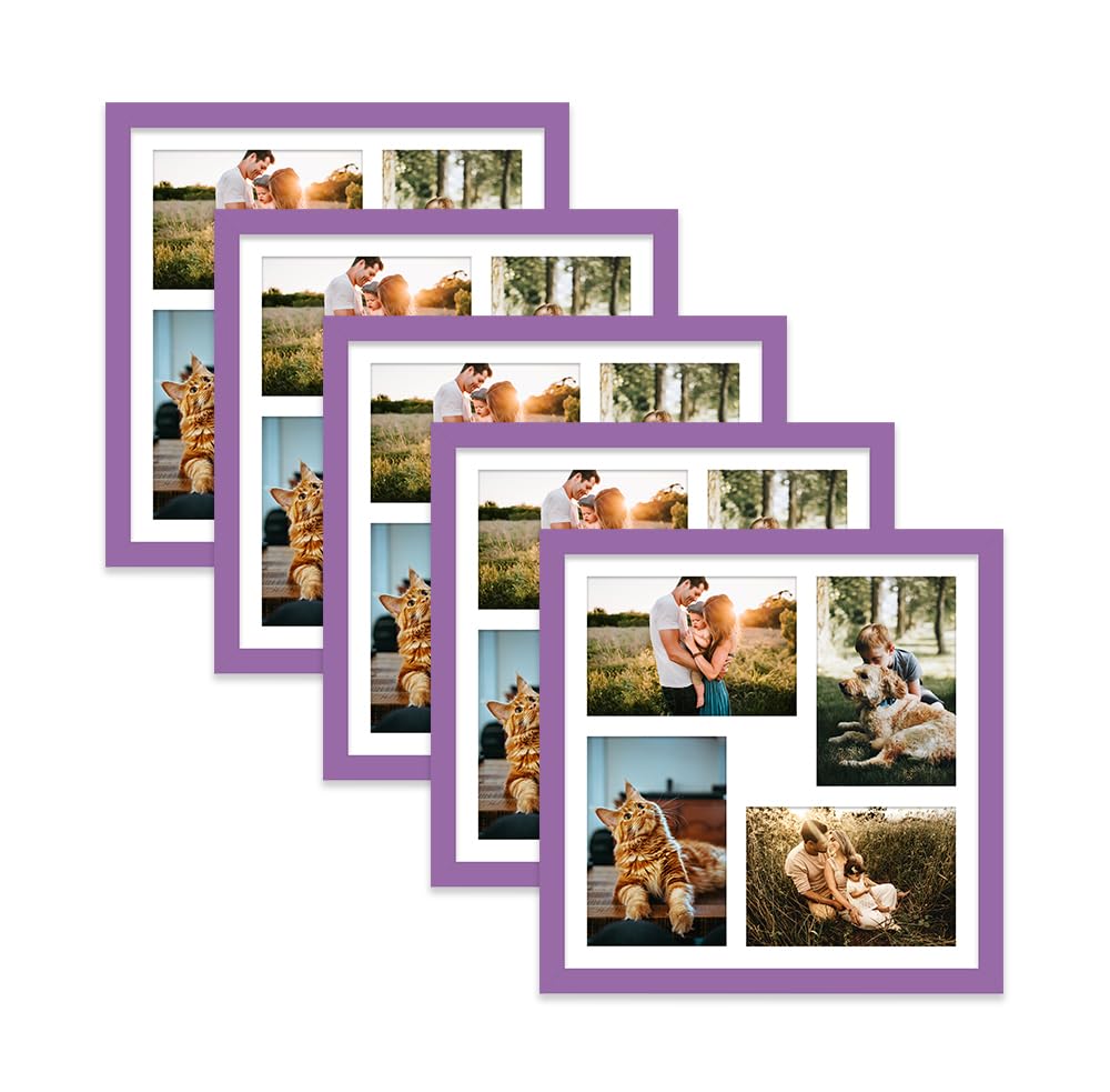 Purple Multi Photo Frame - Holds 4 x 6x4 Pictures, Family Collage Picture Frame for Wall Display, 12x12 Frame size, Set of 5