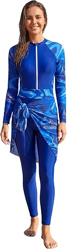 IDOPIP Women Muslim Burkini Swimsuit One Piece + Cover up Royal Blue Medium