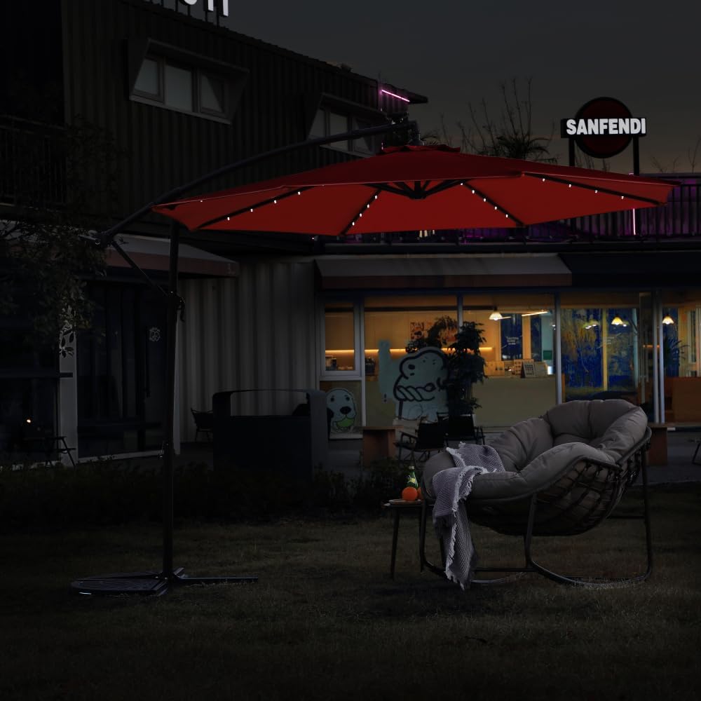 Elountik 10ft Solar LED Offset Hanging Market Patio Umbrella in Orange, No Base Included - Energy Efficient with Built-in Lights for Outdoor Shade