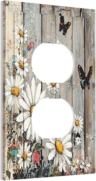 Outlet Covers Retro Wood Texture Daisy Flowers Butterfly 1 Gang Duplex Light Switch Cover Plate Decorative Wallplates Electrical Switchplate Socket Cover for Framhouse Home Decor