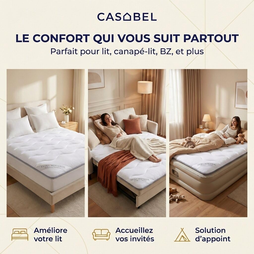 CASABEL Surmatelas Nuage 140 x 190 cm en Microfibre - Confort Optimal - Moelleux, Anti-acarien, Respirant- pour Matelas 2 Places Adulte et Enfant, Clic Clac, BZ