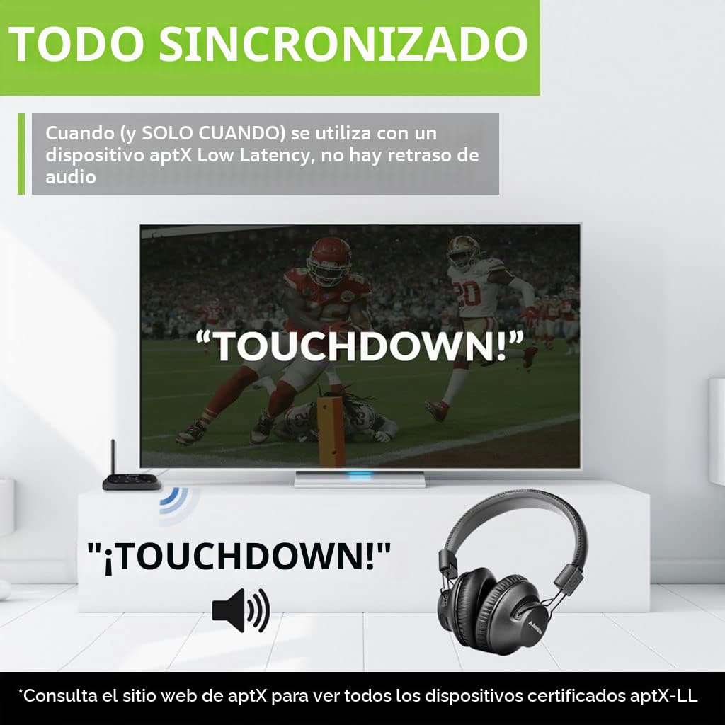 Avantree Oasis Plus aptX HD Bluetooth 5.0 Receptor Transmisor para TV, Modo Bypass, Clase 1 Largo Alcance, Guía Voz, Pantalla Táctil, Emisor, Adaptador Audio Baja Latencia aptX para 2 Auriculares