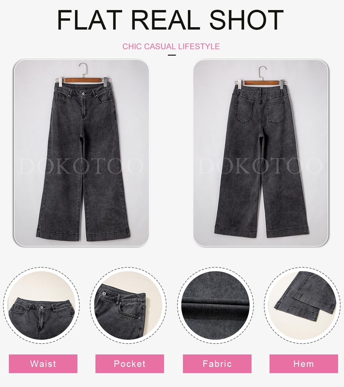 DOKOTOO Women's Casual High Waisted Jeans Stretch Button Wide Leg Loose Denim Pants with Pockets - Image 6