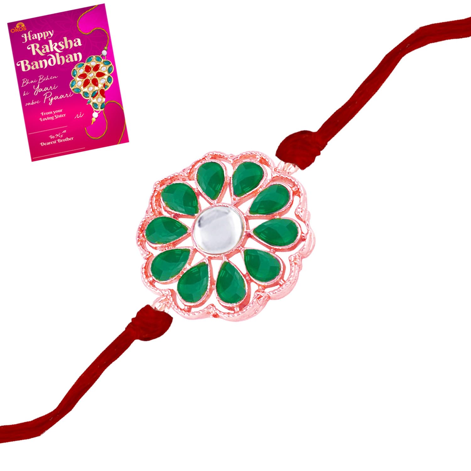 Okos Rakshabandhan Special Rose Gold Plated Floral Green and White Kundan Elements Studded Rakhi Bracelet With Greeting Card- Rakhi For Brother, Bhaiya, Bhai RK1000405RGGRN (B0C7ZL4178) Amazon Price History, Amazon Price Tracker
