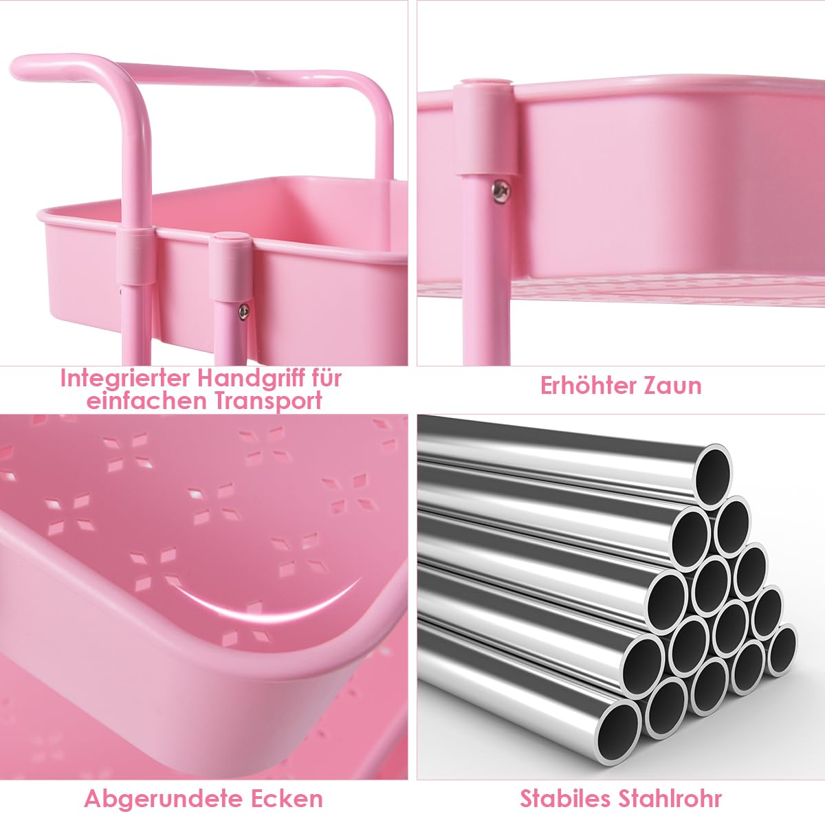 COSTWAY Servierwagen auf Rollen, mobiler Wagen mit 3 Ebenen & Griff, Rollwagen aus Metall, 3 Gitterkörbe aus Kunststoff, Küchenrollwagen Badwagen Allzweckwagen, für Bad Küche Wohnzimmer (Rosa)