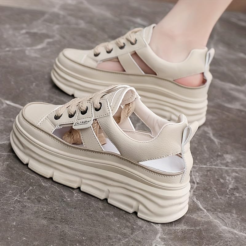 Women's Breathable Sneakers - Casual Lace-Up Platform Shoes Sandals4