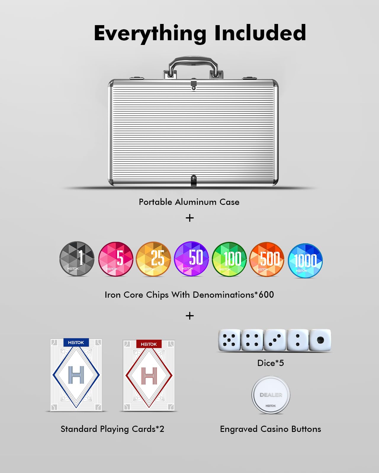 Set De Poker HEITOK - 500 Jetons Lestés 11,5g, 5 Dés, 2 Paquets De Cartes, étui Aluminium - Texas Hold'em, Blackjack - 9