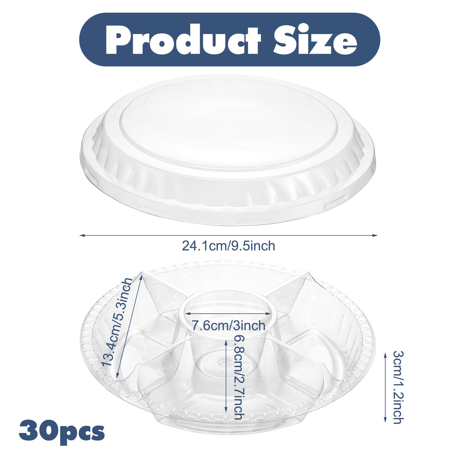 Bandeja desechable para aperitivos con tapa, 9.5 pulgadas, 5 compartimentos, paquete de 30, recipiente redondo transparente para alimentos para fiestas