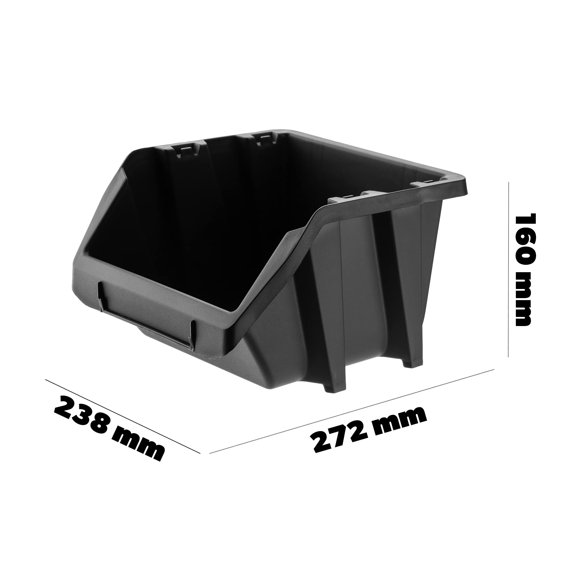 KADAX Caja apilable para taller, pequeña caja clasificadora de plástico PP, en diferentes tamaños y colores, cajas de almacenamiento para pared (negro, juego de 20 unidades, 272x238 mm)