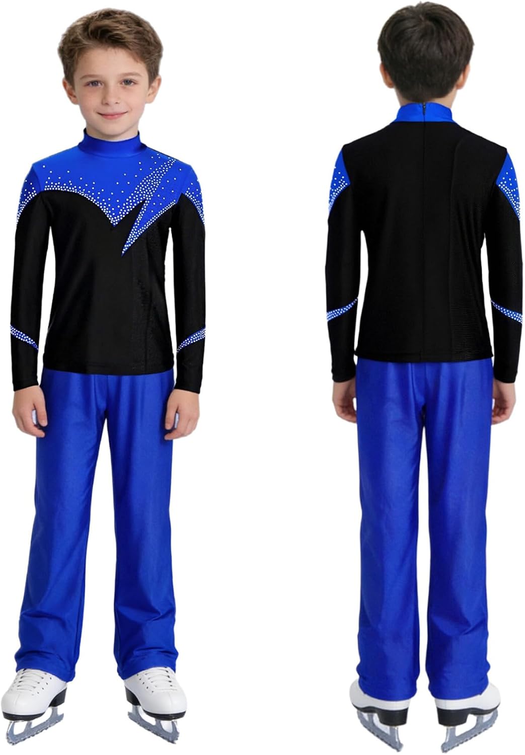 JEYPINMI Youth Girls Figure Skating Outfits Gym Training Suit Lyrical Dance Costume Rhinestones Top with Elastic Pants