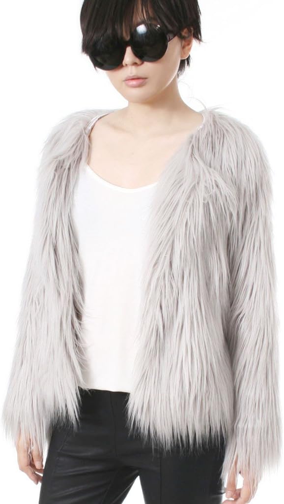 Mono Tone Shaggy Long Hair Faux Fur Waist Length Coat