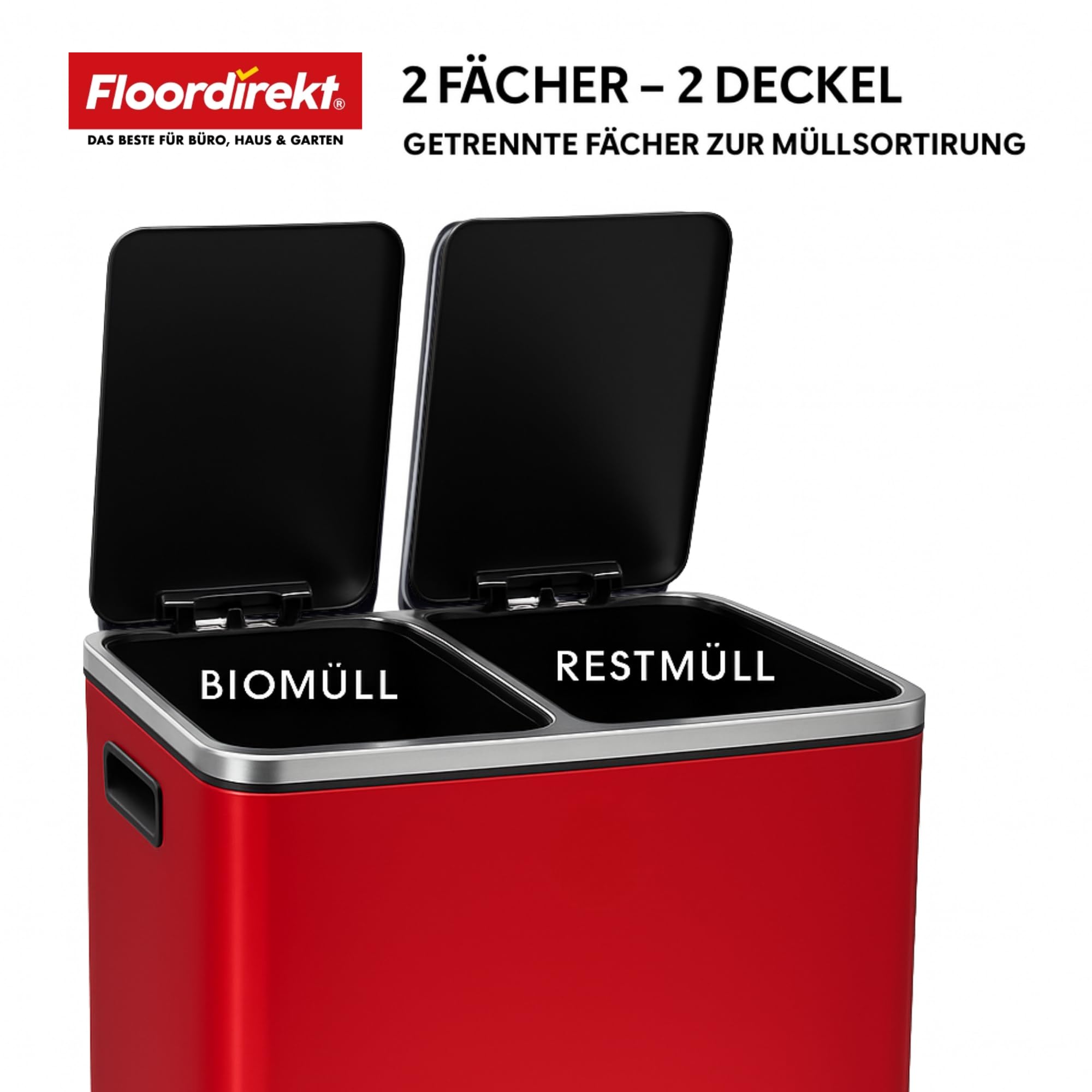 Floordirekt Mülleimer Küche 2×15L Rot | 2-Fach Mülltrennsystem, Treteimer Küche, Metall, Soft-Close, luftdicht, Kunststoff-Inneneimer, Klappdeckel – (Felix)