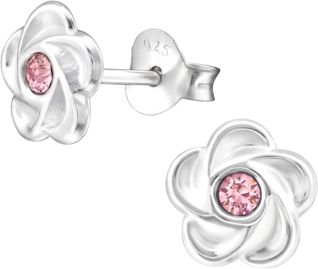 925 Sterling Silver with sparkling crystals flower stud earrings for girls in sparkly colours anti allergy hypoallergenic nickel free jewellery ladies sensitive ears gift box