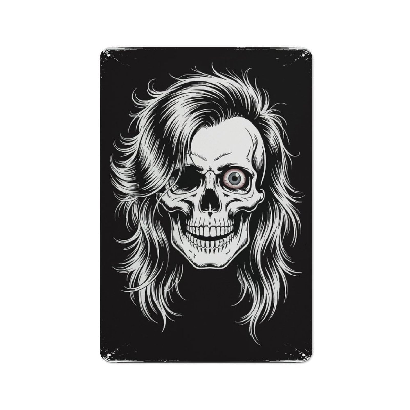 Junmoney Skull With Hair And One Eye Retro Tin Sign 30X20cm For Garage Or Workshop, For Furnishing A New Garage And Workshop With Retro Decor