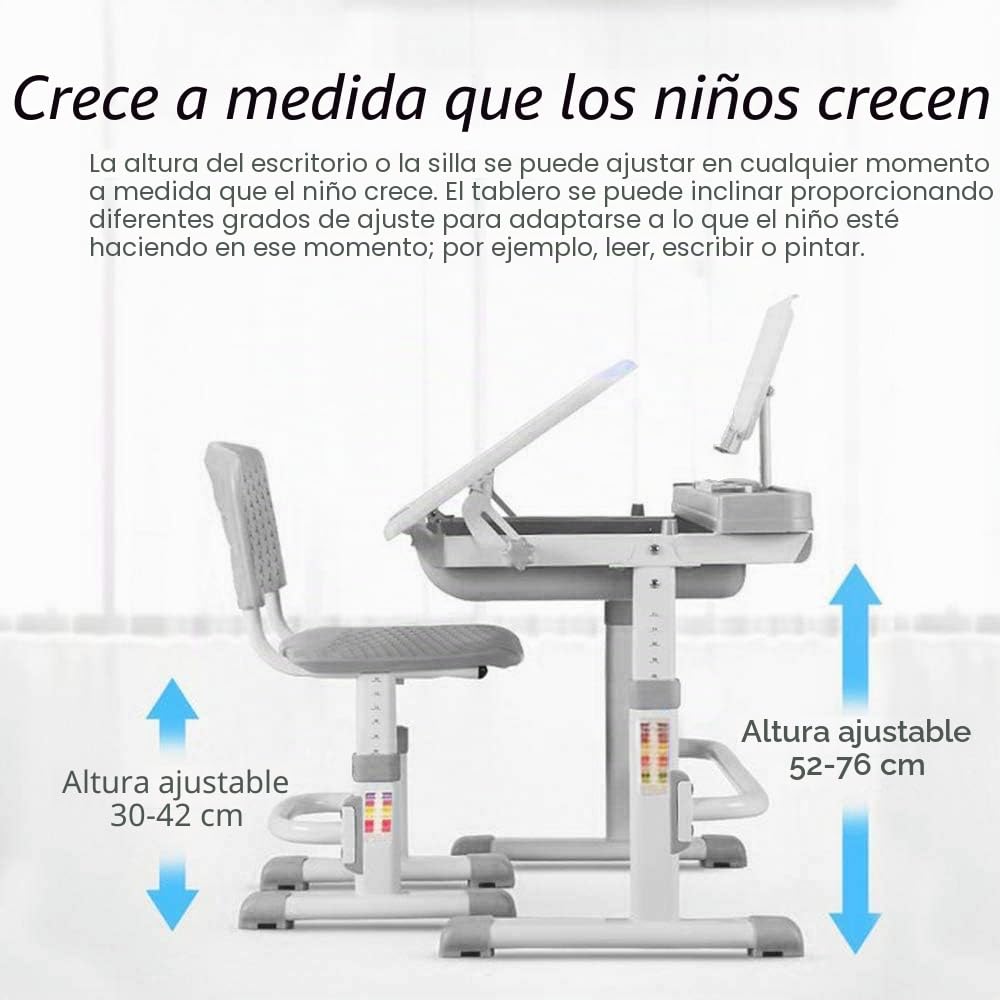 Yinleader Kids Juego de escritorio y silla para niños, mesa ajustable con lámpara de protección visual, soporte para libros, escritorio basculante ideal para escribir, leer y dibujar (gris)