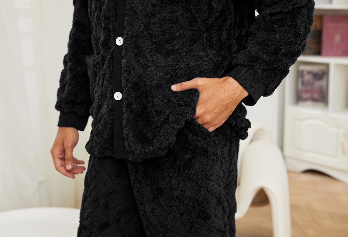 Vulcanodon Mens Plush Warm Pajama Sets Soft Fluffy Long Fuzzy Sleepwear with Pockets Cozy Loungewear Pjs Set for Men - Image 4