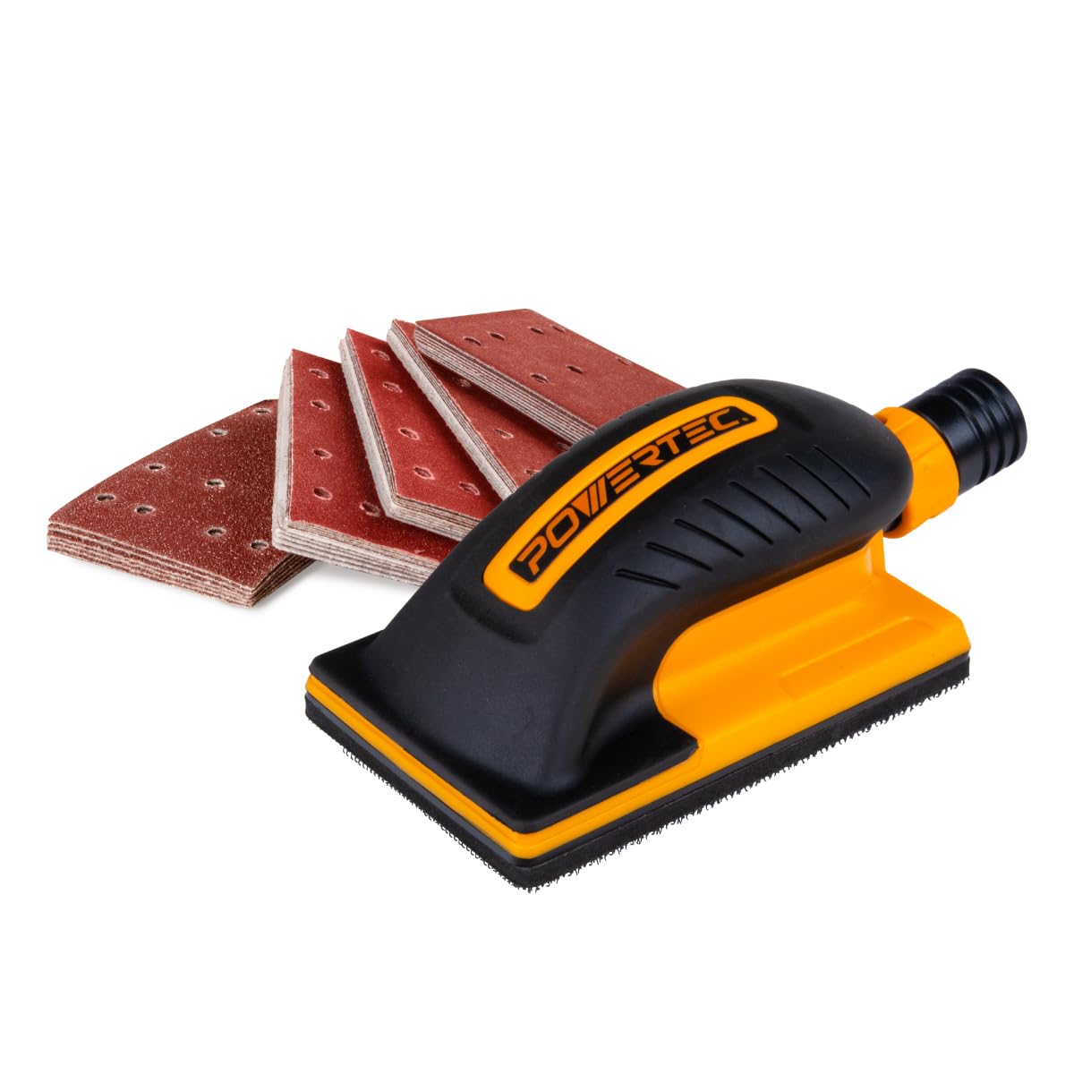 POWERTEC Vacuum Sanding Block Set w/ 1" OD Dust Extraction, Dust-Free Hook and Loop Sandpaper (40, 80, 120, 180, 240 Grit, 10 Each) for Woodworking,