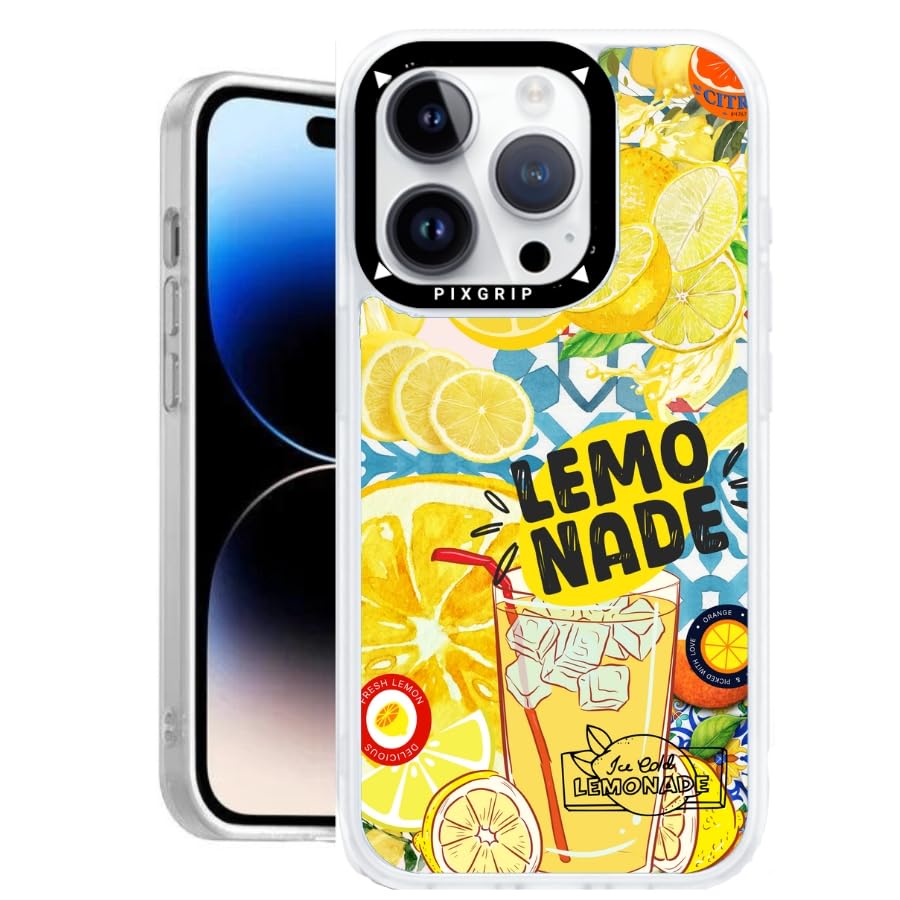 PixGrip Case for iPhone 16 Pro and Pro MAX, Tropical Fruits Design, TPU Sides, Hard Plastic Back (Citrus Lemonade, for iPhone 16 Pro Max)