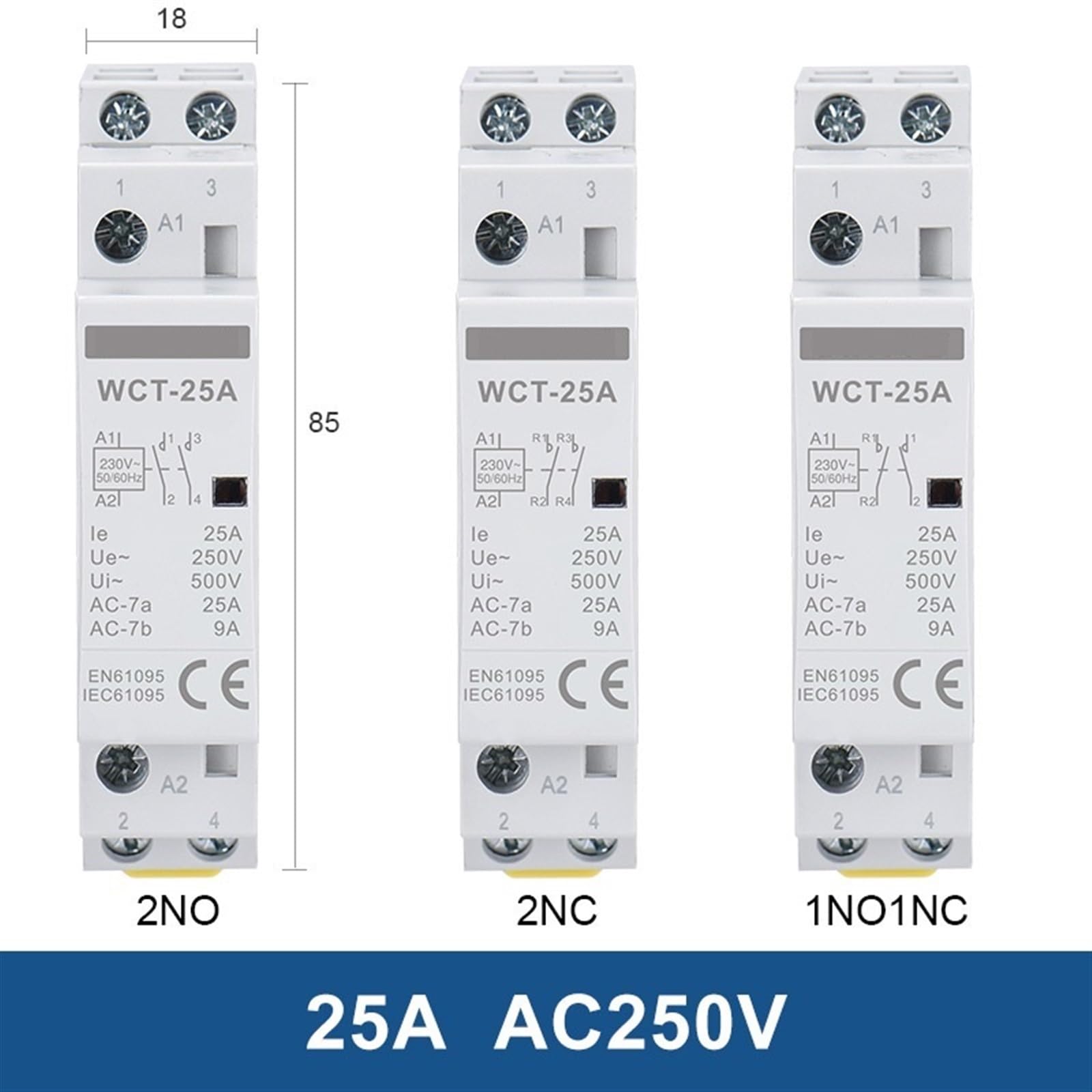 Haushalts-AC-Schütz WCT 25A 63A DIN-Schieneninstallation 2NO 2NC 1NO1NC 2NO2NC 4NO 4NC Leistungsschalter 1St(1NO1NC 25A AC220V)