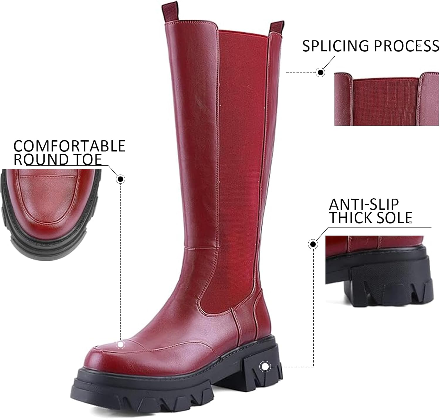 Women’s Knee High Platform Boots, Lug Sole Pull-On Riding Boots with Elastic Panel, Chunky Heel Round Toe Tall Boots for Fall Winter Dress Casual