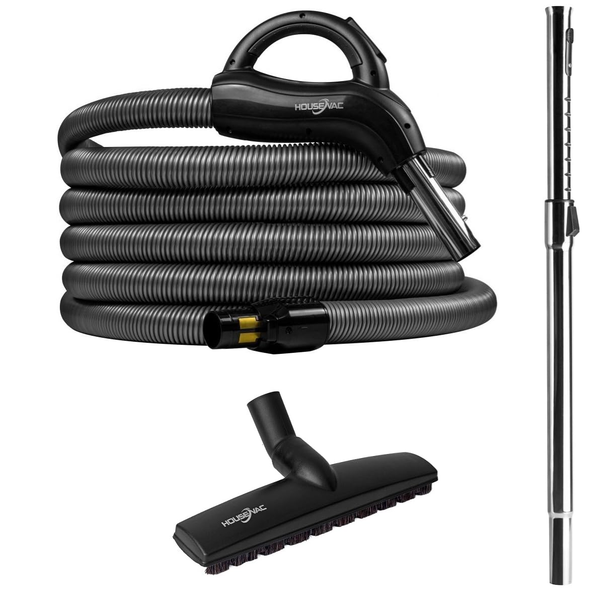Kit d'accessoires de nettoyage : un tuyau d'aspiration central de 9 m, un tube télescopique avec clip, une brosse double fonction pour tapis et parquets