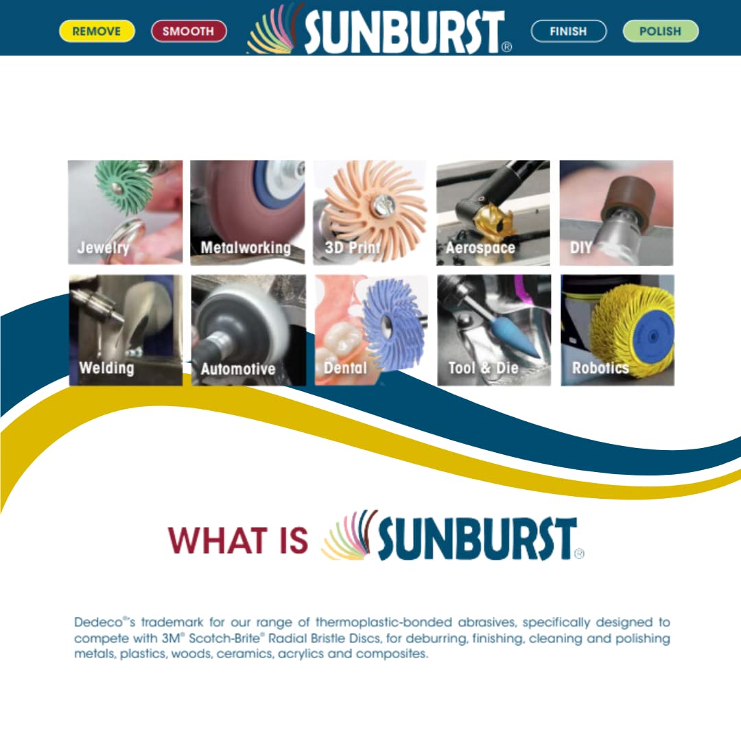 Dedeco Sunburst – Discos de cerdas radiales de 6 capas de 2 pulgadas TC – 1/4 pulgadas Arbor- Herramienta de limpieza y pulido rotativo termoplástico industrial