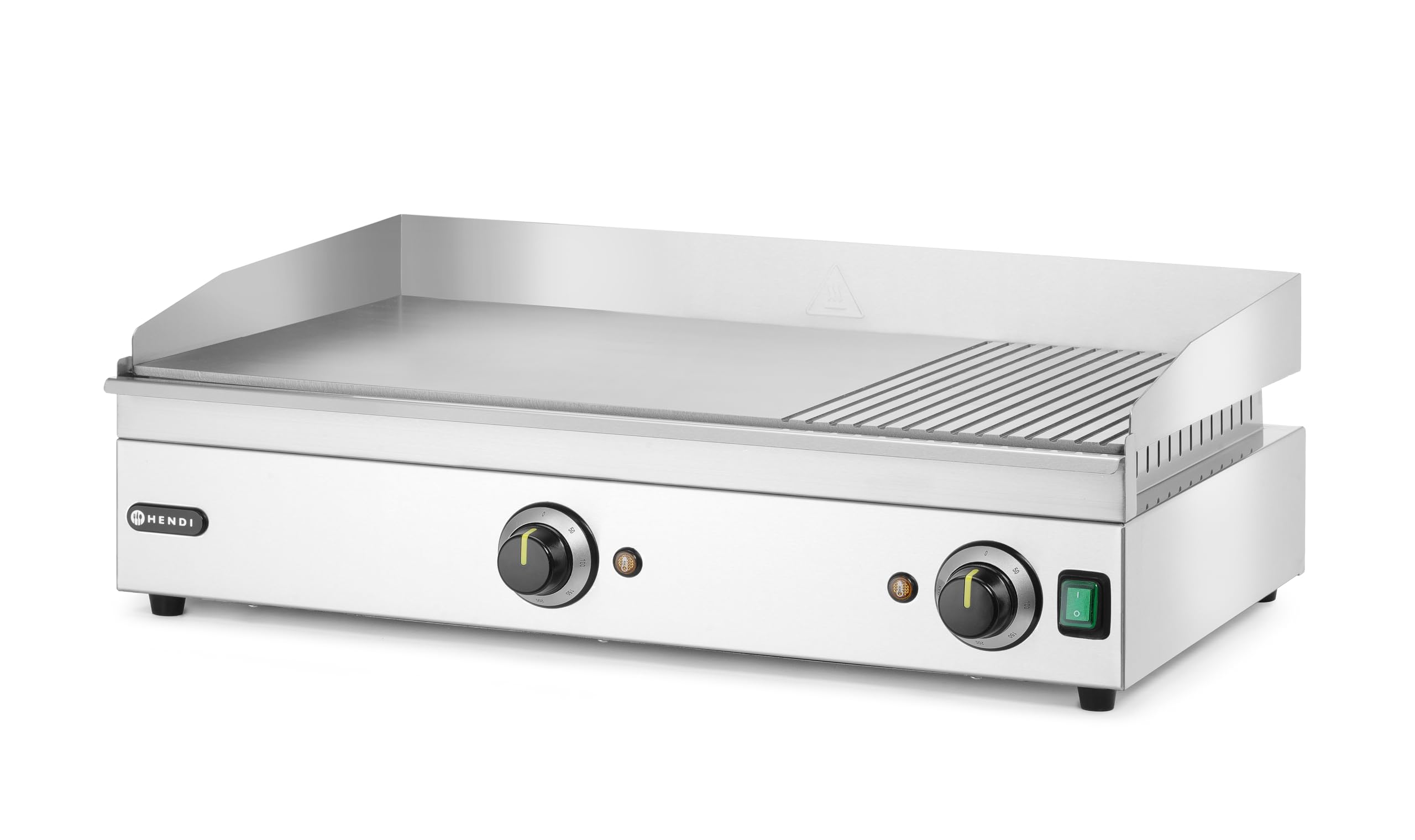HENDI Plancha de asar eléctrica mixta 2/3 lisa y 1/3 acanalada, grill parrilla con bandeja de goteo extraíble, temperatura regulable hasta 300°C, 230V, 3500W, 697x474x(H)233mm, acero inoxidable