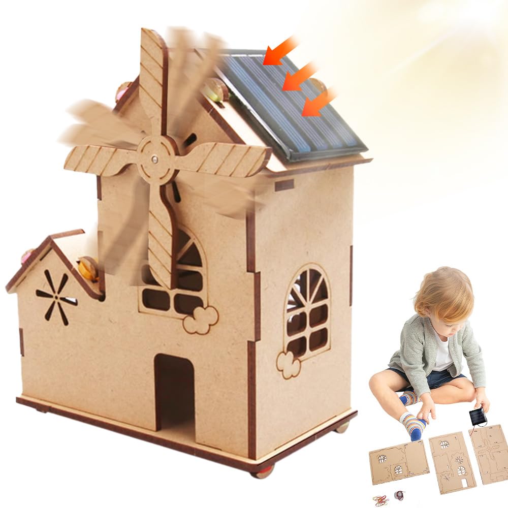 Dhqkqg STEM Toy Solar Kit,3D Wooden Puzzle Model Kits,DIY Assembly 3D Construction Toy with Windmill,Craft for Kids,Science DIY Educational Construction Engineering Solar Powered Toys for Kids Ages 8+