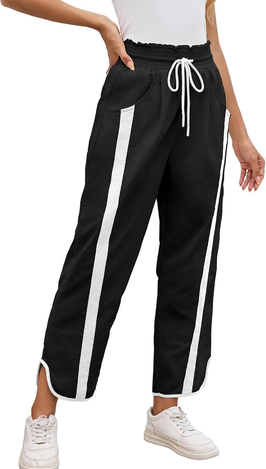 Womens Wide Leg Pants Baggy Drawstring Elastic Waist Stripe Casual Track Pants - Image 2