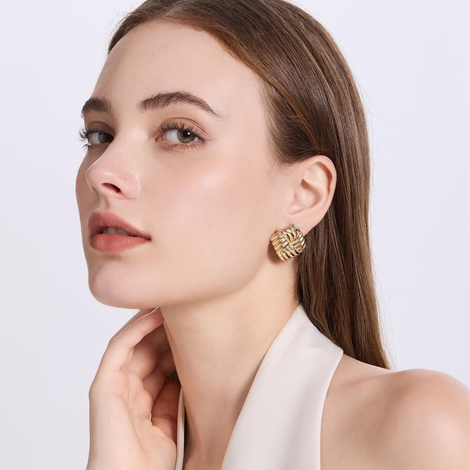 Gold Chunky Statement Earrings for Women, Trendy 14K Gold Plated Drop Dangle Square Geometric Vintage Designer Stud Earrings, Jewelry Gift - Image 3