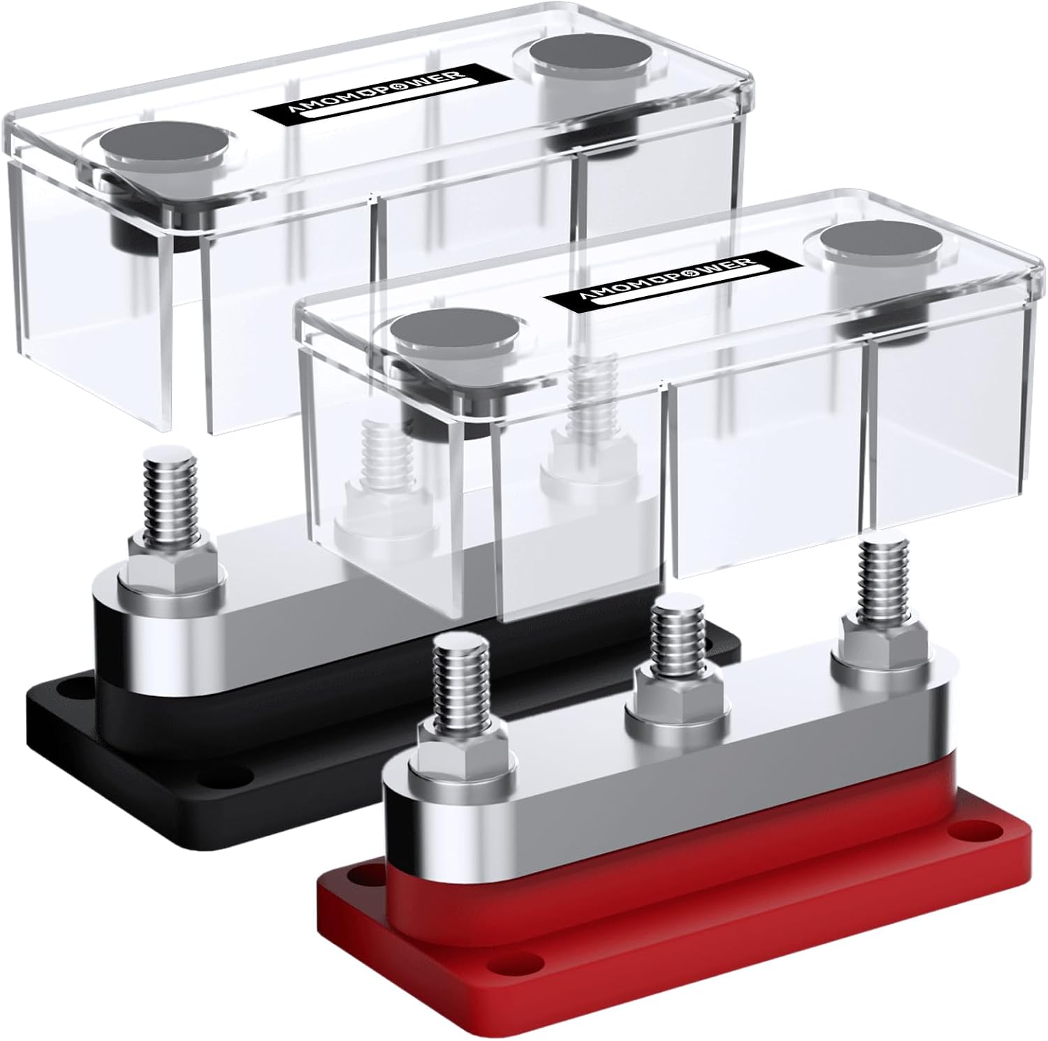 2 Pack 600A High Current Bus Bar Nickel Plated Copper Distribution Block with 3 Studs (3/8 inch) M10 Ideal for Electrical Battery Ground Connections Includes Cover for DC 12V 24V 48V System