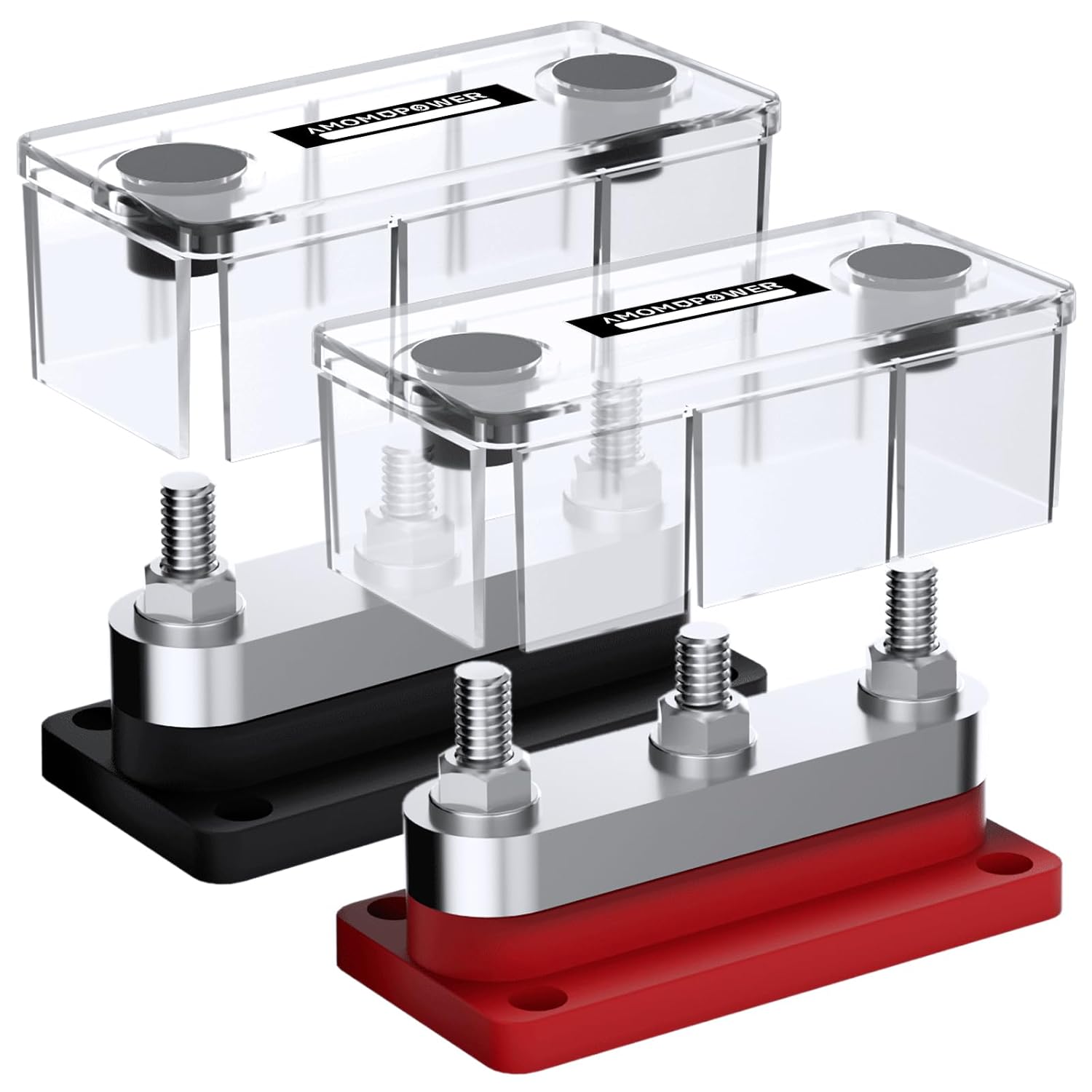 2 Pack 600A High Current Bus Bar Nickel Plated Copper Distribution Block with 3 Studs (3/8 inch) M10 Ideal for Electrical Battery Ground Connections Includes Cover for DC 12V 24V 48V System