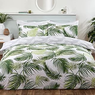 Sleepdown Tropical Palm Leaves Floral Green White Grey Reversible Soft Easy Care Duvet Cover Quilt Bedding Set with Pillowcases - Super King (260cm x 220cm)