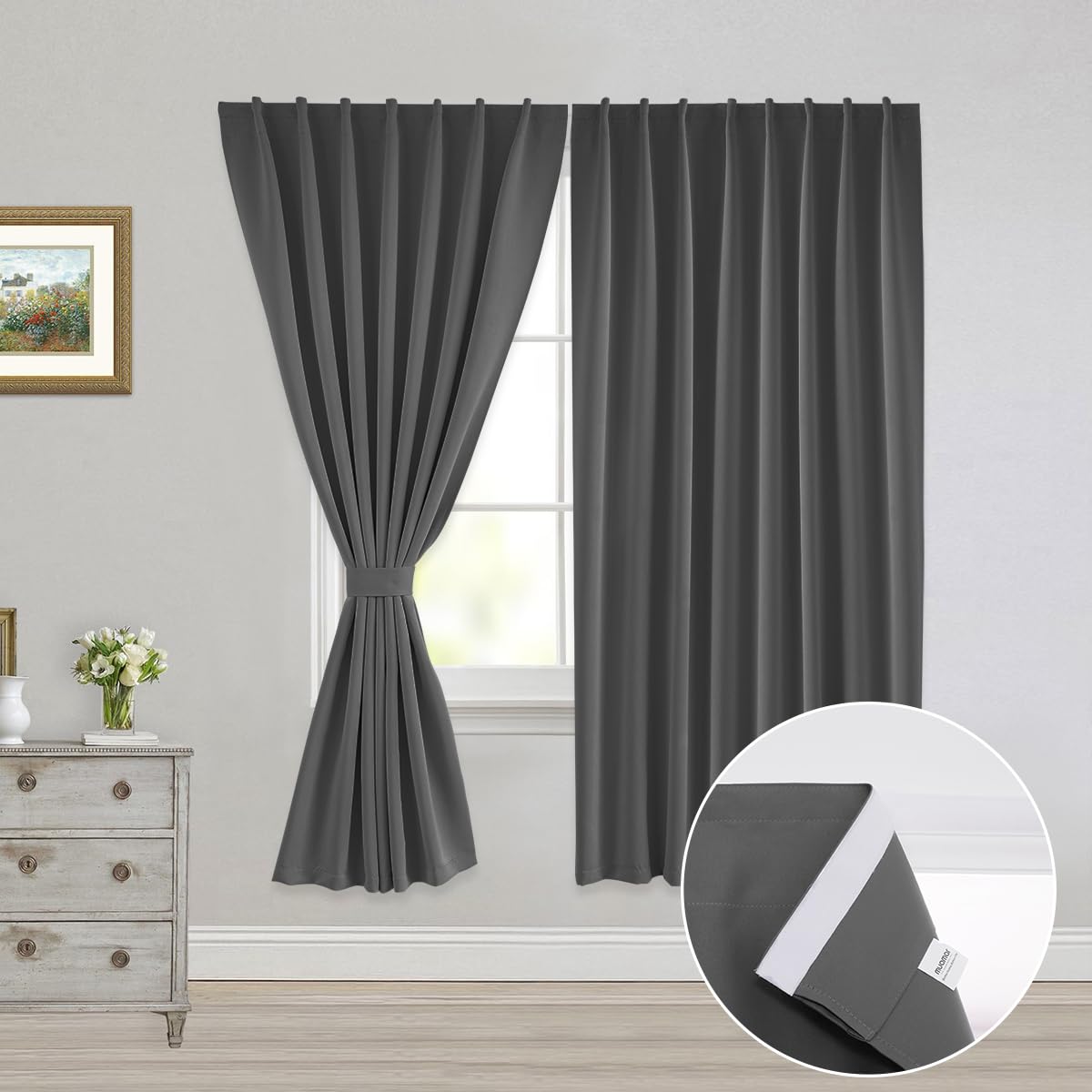 Muamar No Drill Blackout Curtain, Easy Install Window Curtain Panels, Portable Bedroom Curtains 2 Panel Sets, Light Blocking Shades for Window (Grey,