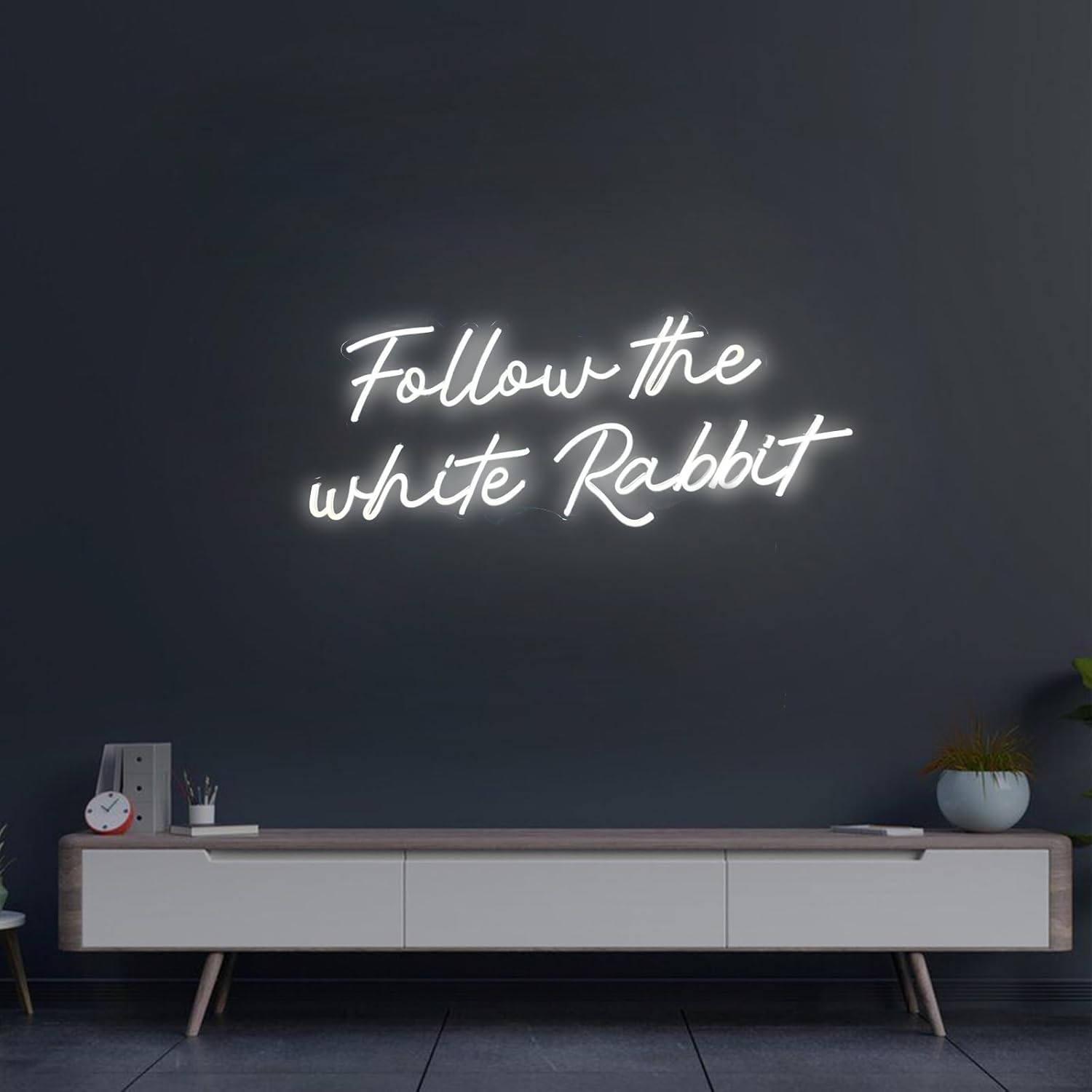 Follow the White Rabbit Neon Sign 20inch Led Custom Neon Lights Signs White Wall Decor for Home Birthday Party Bar Pub Decoration