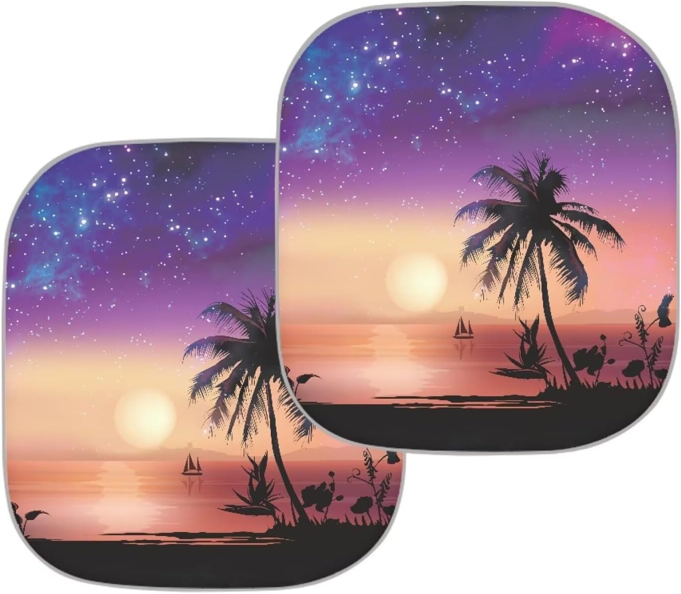 COEQINE 2 Pieces Front Car Sunshade Windshield,Sunset Palm Trees Starry Sky Print Folding Car Window Sunshades for Most Sedans SUV Truck,Keeps Your Vehicle Cool image 2