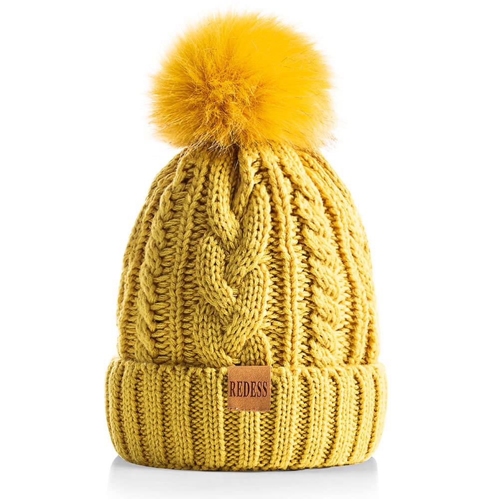 Redess Women's Yellow Winter Pompom Beanie Hat With Warm Fleece Lined, Thick Slouchy Snow Knit Skull Ski Cap