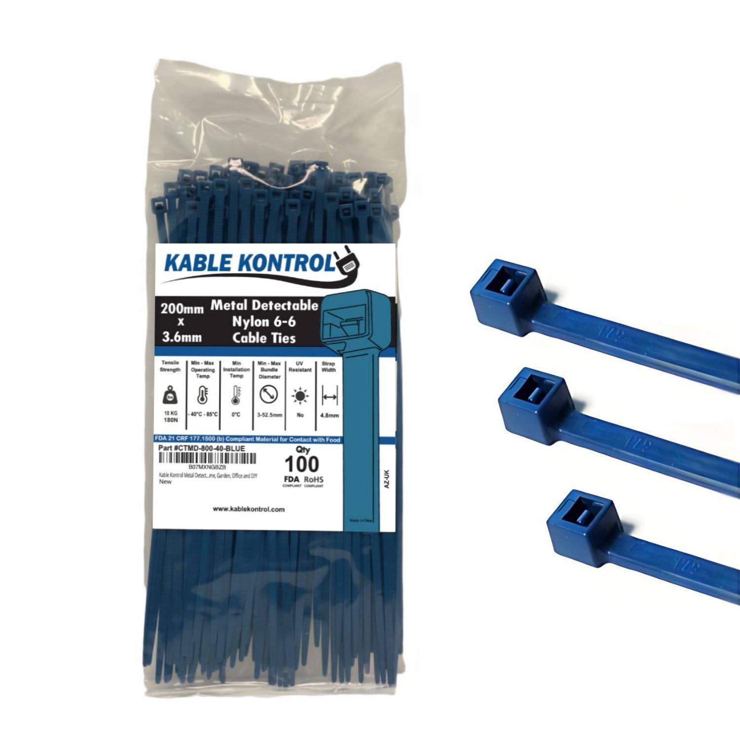 Kable Kontrol Metal Detectable Zip Ties - 8 Inch Long - Blue - 40 Lbs Tensile Strength - 100 Pcs/Pack | Iron Impregnated Nylon 6-6 | Durable | C 618559632025