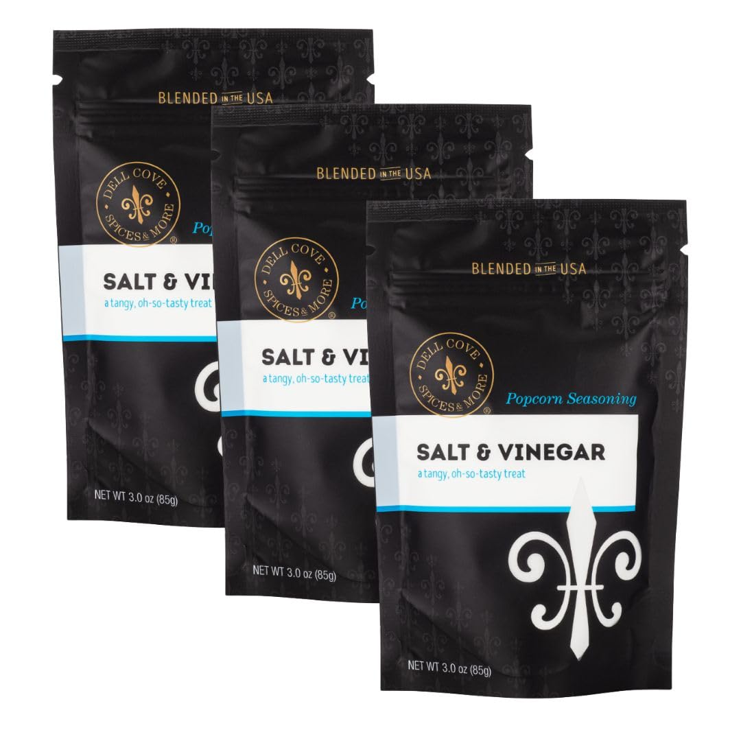 Salt and Vinegar Popcorn Seasoning | Vegan Friendly,Tasty Sugar-Free Stovetop Popcorn Topping | Dell Cove Spices, Half LB Plus Bundle of Three